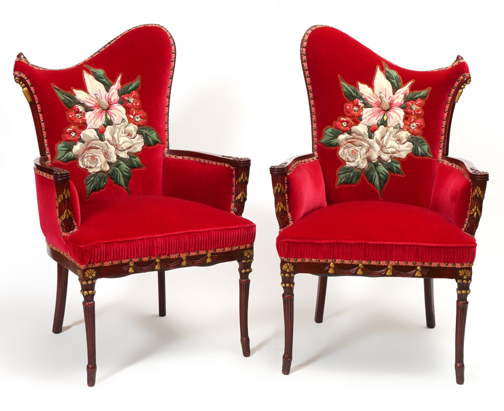 Appraisal: PAIR UPHOLSTERED FRENCH SIDE CHAIRS Shaped back and arms carved