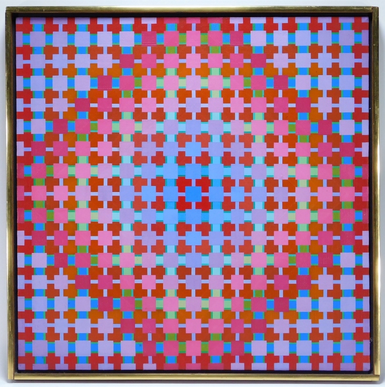 Appraisal: MASAAKI KUSUMOTO ABSTRACT OP ART PAINTING Japan th CenturyPolychromatic grid