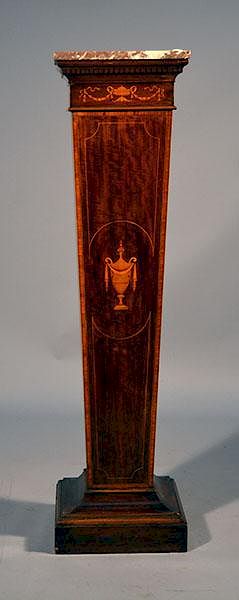 Appraisal: Edwardian Pedestal Edwardian mahogany with satinwood inlay marble top pedestal