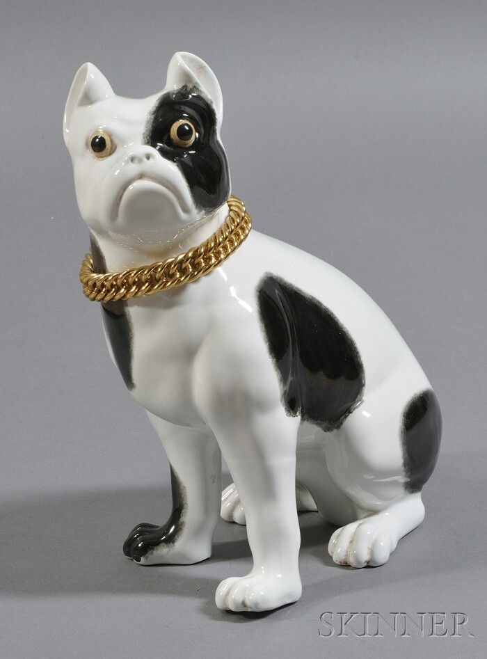 Appraisal: Ceramic French Bulldog Figure Glazed porcelain and gold metal chain