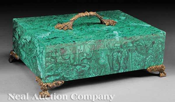 Appraisal: A Malachite and Bronze-Mounted Box foliate handle bracket feet height