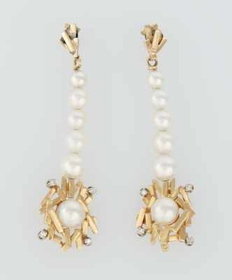 Appraisal: A Pair of Ladies' Pearl and Diamond Pendant Earrings k