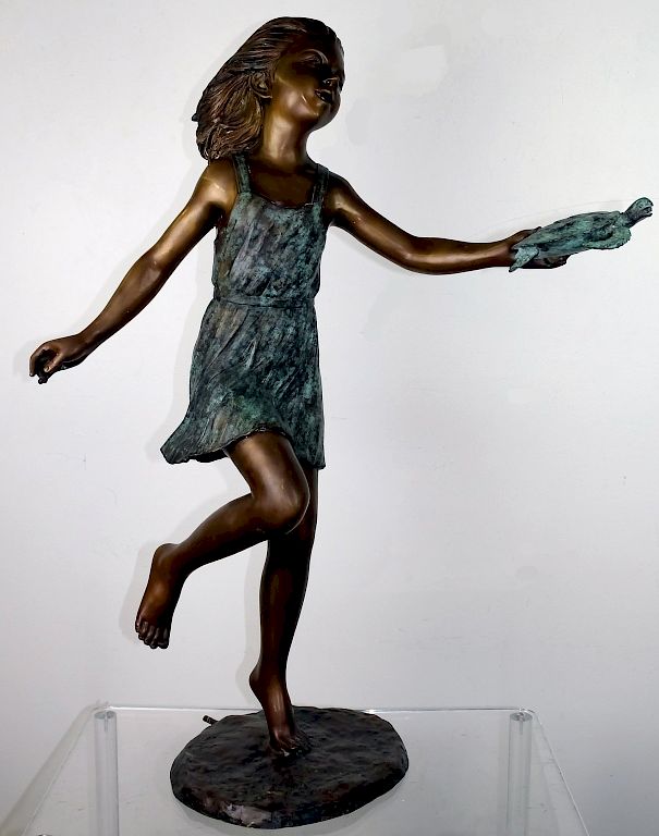 Appraisal: Girl w Turlte Bronze Garden Fountain Art Sculpture Bronze girl