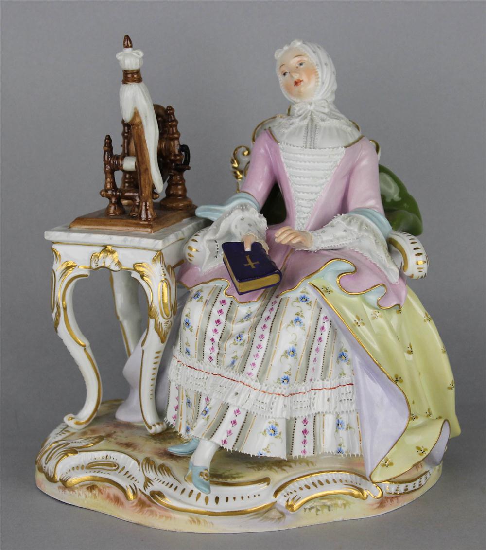 Appraisal: MEISSEN STYLE FIGURE OF A LADY WITH A SPINNING WHEEL