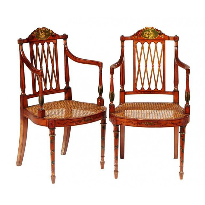 Appraisal: Pair of Italian Paint Decorated Mahogany Cane Seat Armchairs th