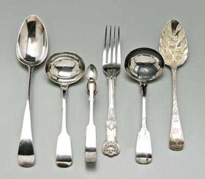 Appraisal: Six pieces English silver flatware George III tongs dessert spoon