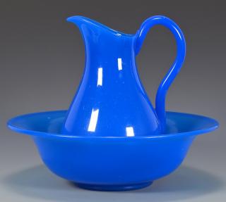 Appraisal: French Blue Opaline Glass Pitcher Bowl French blue opaline glass