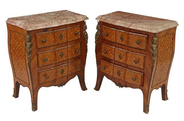 Appraisal: pair French Louis XV style marble-top mahogany side tables early