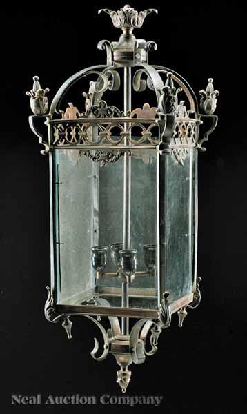 Appraisal: A Pair of Patinated Bronze Hall Lanterns each with beveled