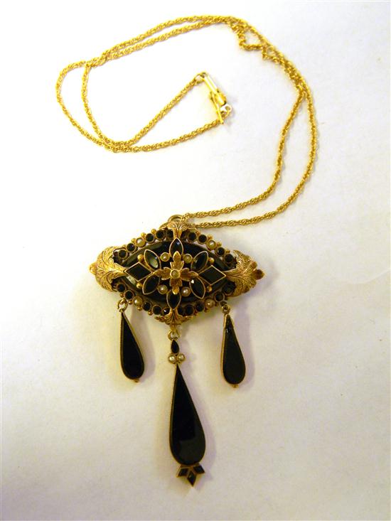 Appraisal: JEWELRY Victorian Mourning Pin Pendant and Chain Pin pendant is