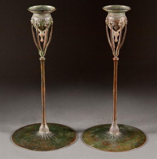 Appraisal: Pair of Tiffany Studios patinated bronze Poppy candlesticks circa inscribed