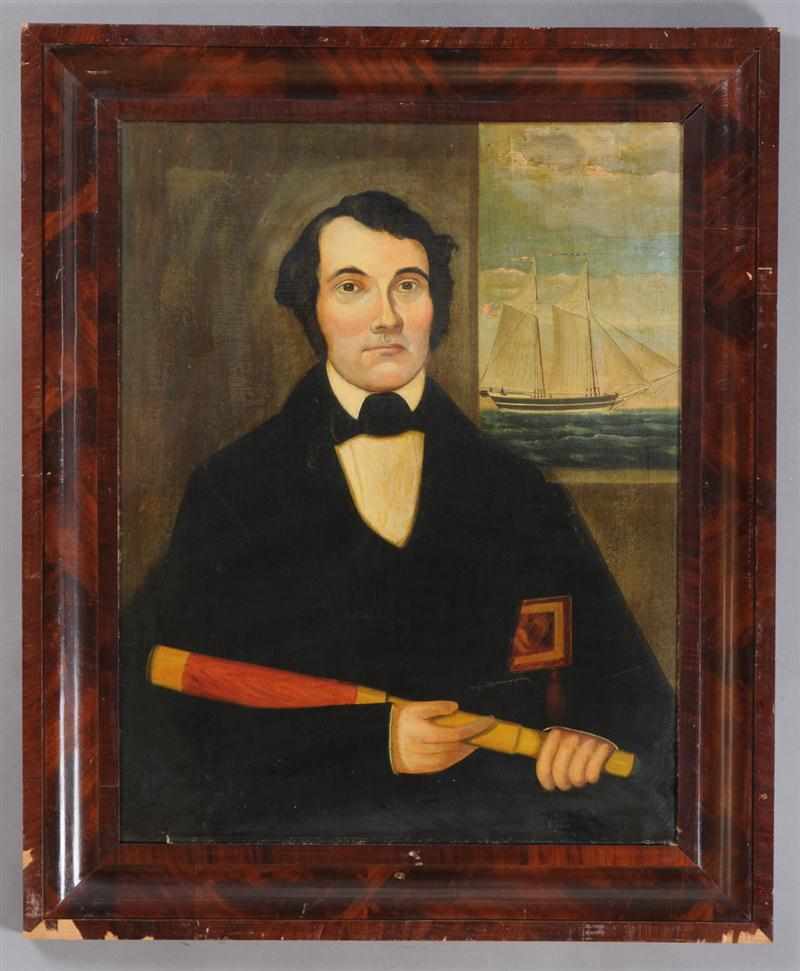 Appraisal: AMERICAN SCHOOL PORTRAIT OF CAPTAIN ISRAEL DUNNING AND SCHOONER ''HARIET''