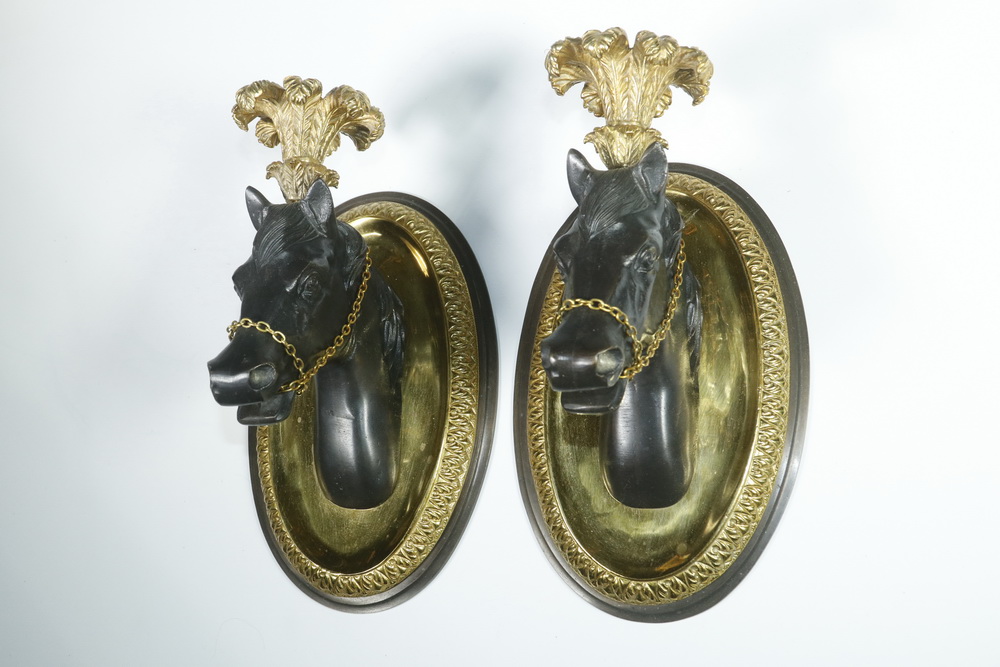 Appraisal: PR BRONZE FIGURAL CANDLE SCONCES Pair of Patinated and Gilded