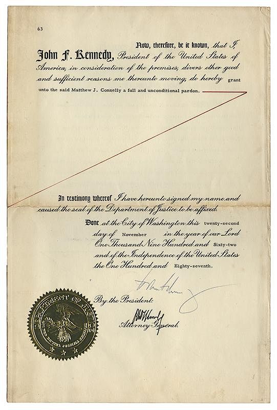 Appraisal: Presidential Pardon Signed by John F Kennedy Kennedy John F