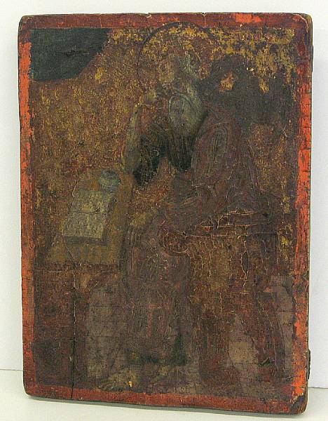 Appraisal: A painted wood icon of St John Depicted seated at