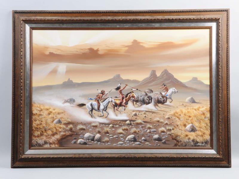 Appraisal: Native American Buffalo Hunt Painting This painting depicts three Native