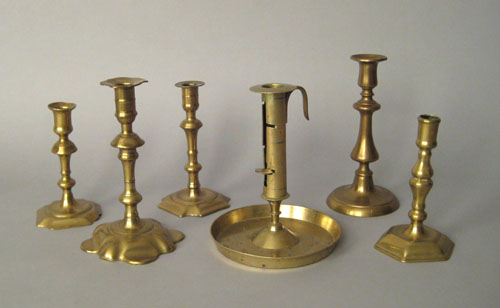 Appraisal: Five Georgian brass candlesticks th c together with a French