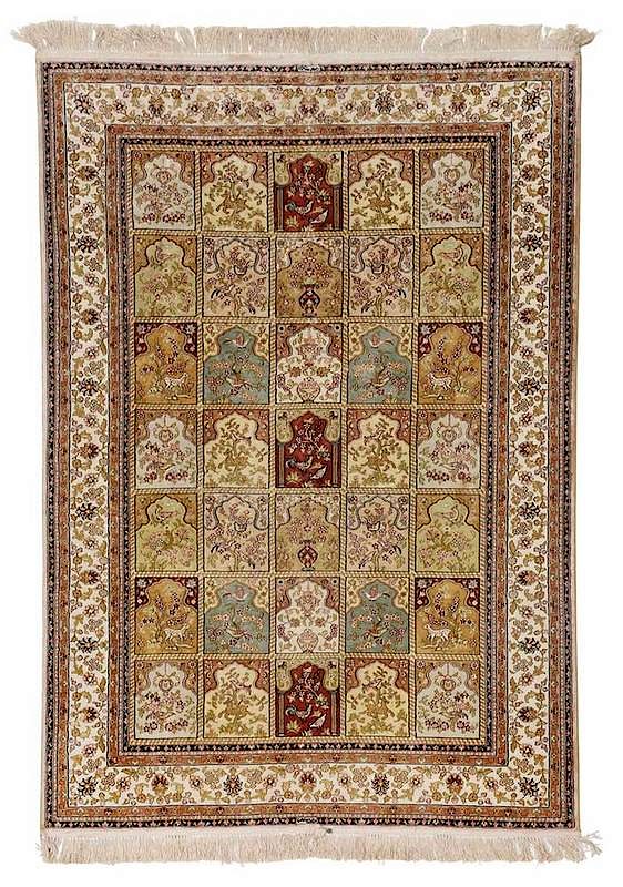 Appraisal: Turkish Silk Rug Turkish th century green rectangular pattern with