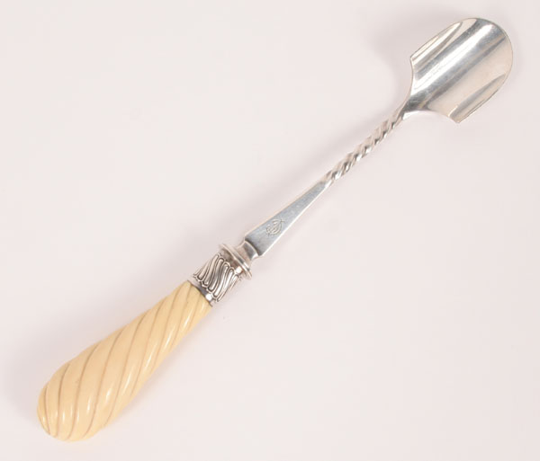 Appraisal: Wood Hughes silver cheese scoop with twist shaft and carved