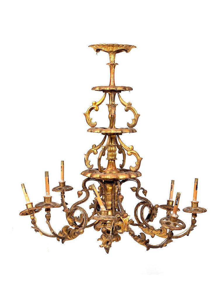 Appraisal: An Austrian Carved Giltwood Eight-Light Chandelier Height x diameter inches