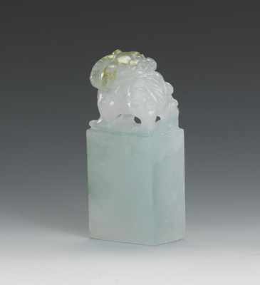 Appraisal: A Miniature Kylin Stamp Seal Translucent pale green blue jade