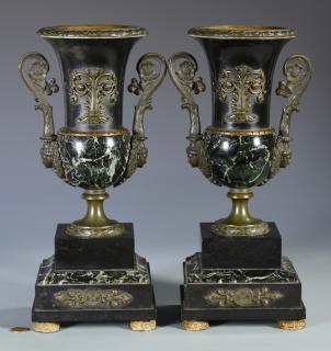 Appraisal: Pr French Bronze Marble Urn Garnitures Pair of French urn