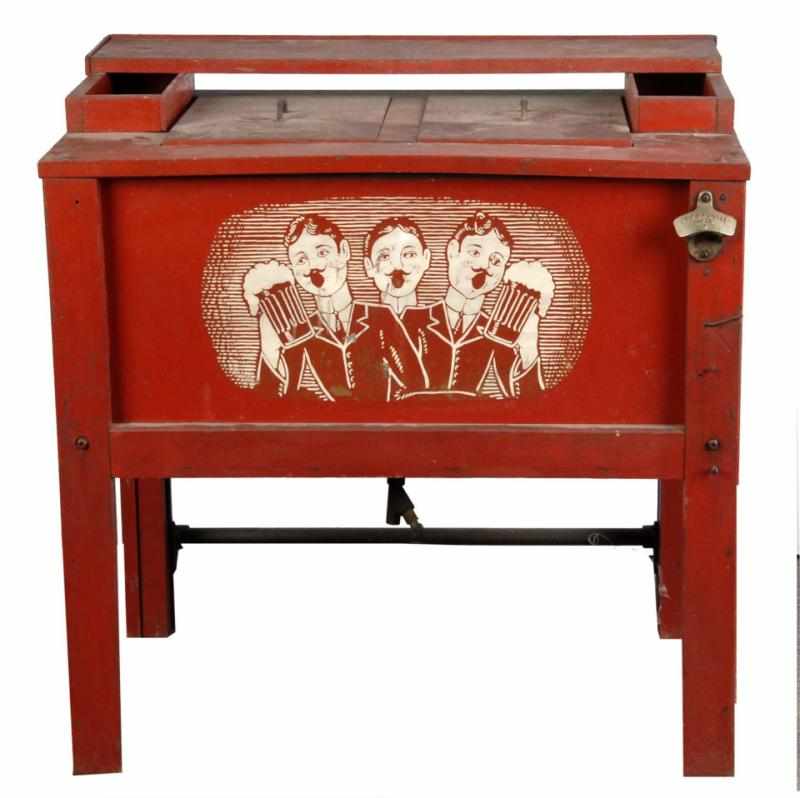 Appraisal: Wooden Ice Soda Beer Cooler Depicts three gentlemen holding a