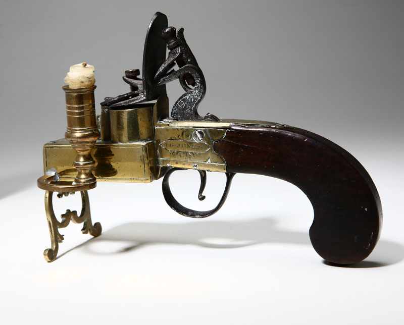 Appraisal: A George III brass iron and mahogany flintlock tinder lighter