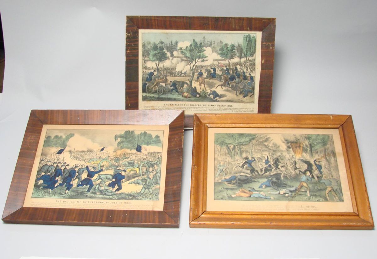 Appraisal: THREE FRAMED CURRIER IVES COLORED LITHOGRAPHS The Battle of Wilderness