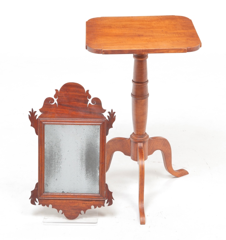 Appraisal: CHIPPENDALE MIRROR AND CANDLE STAND Early th century mahogany Scroll