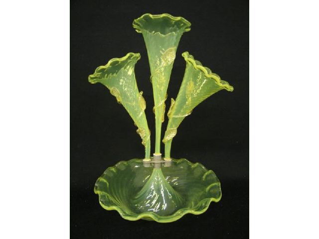 Appraisal: Vaseline Art Glass Epergne triple lily applied leaves with gold