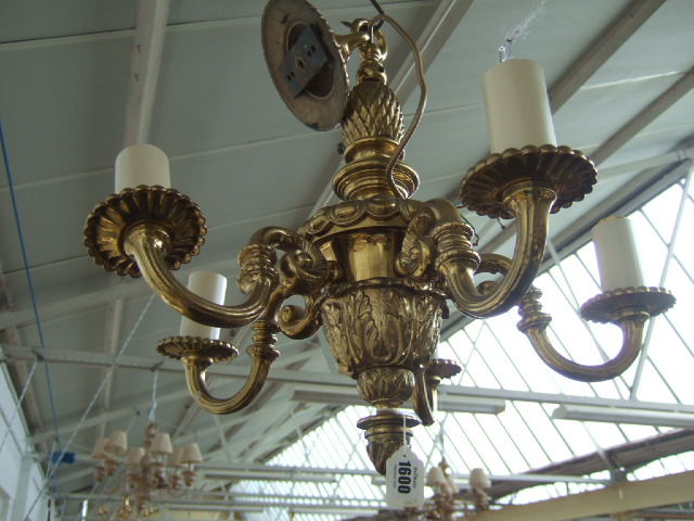 Appraisal: A gilt brass five light chandelier early th century with