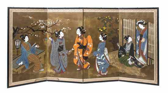 Appraisal: A Japanese Painted Paper Four-Panel Screen depicting a group of