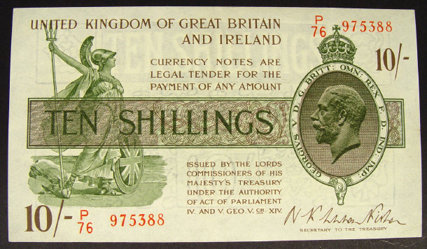 Appraisal: United Kingdom and Ireland ten shilling note signed Kishen no