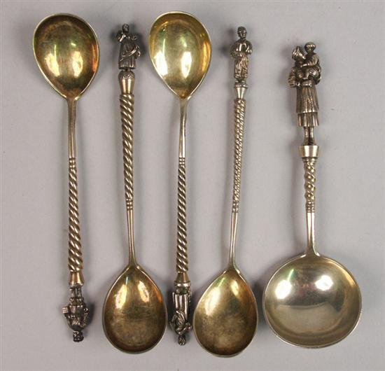 Appraisal: SET OF FIVE RUSSIAN SILVER SPOONS with figural handles all