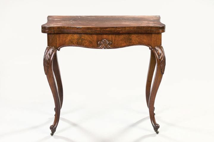 Appraisal: American Rococo Revival Figured Walnut Fold-Over Games Table mid- th