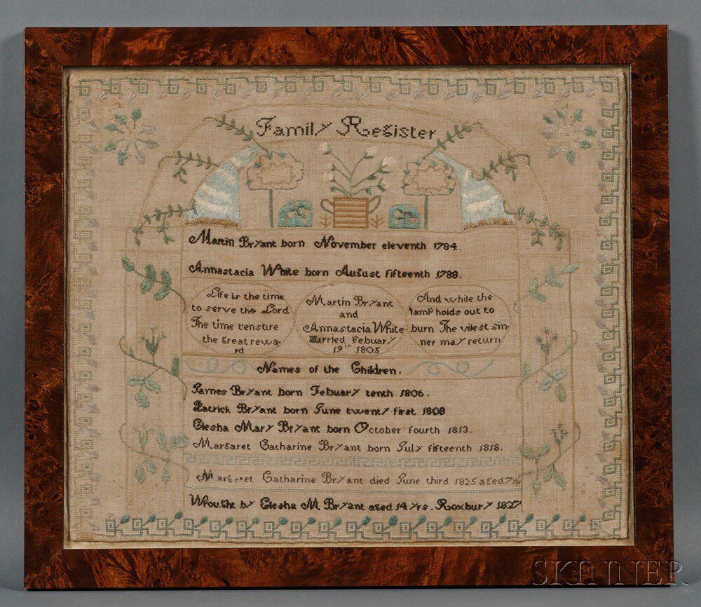 Appraisal: Needlework Family Register of a Roxbury Massachusetts Family Wrought by