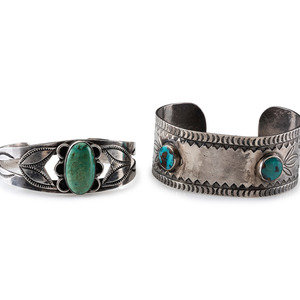 Appraisal: Pair of Navajo Stamped Silver and Turquoise Cuff Bracelets second