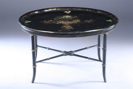 Appraisal: PAPIER MACHE OVAL TRAY-TOP LOW TABLE th century on later