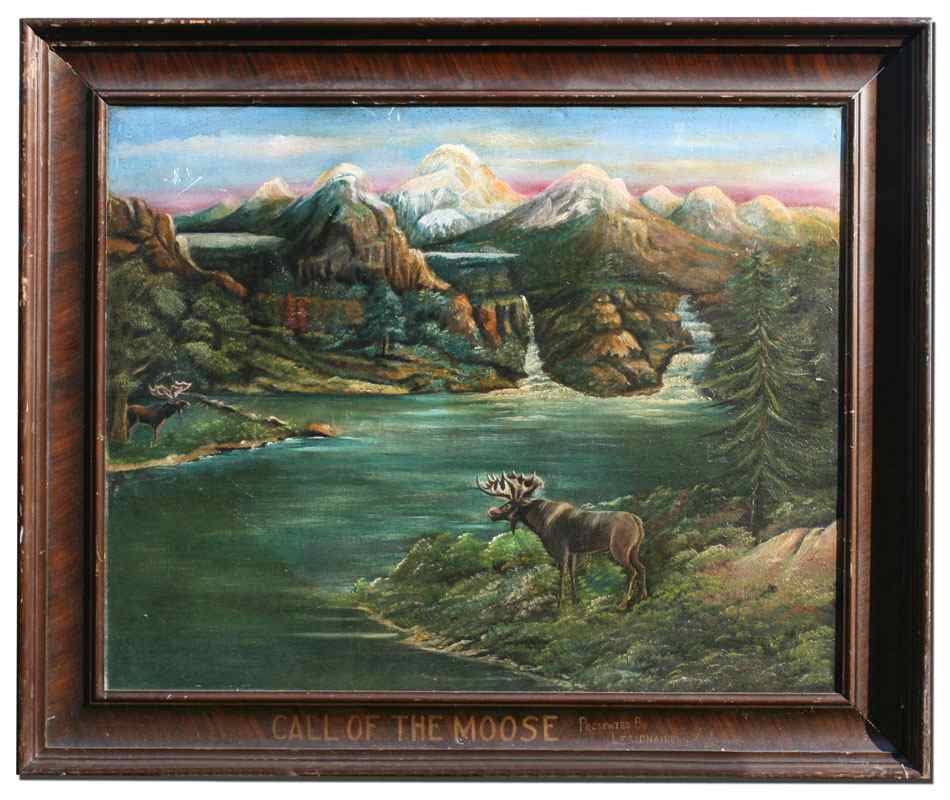 Appraisal: FOLK ART OIL ON BOARD TITLED ''CALL OF THE MOOSE''