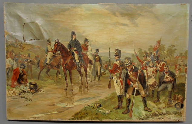 Appraisal: Oil on canvas military painting of th c soldiers unframed