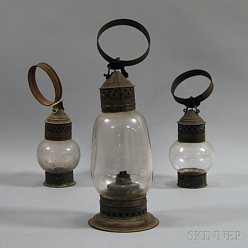 Appraisal: Three Glass and Pierced Tin Lanterns th century ht to