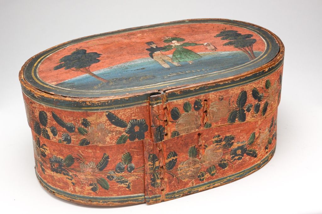 Appraisal: EUROPEAN BRIDE'S BOX Nineteenth century Oval bentwood box with laced