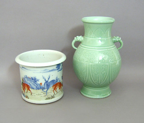 Appraisal: Chinese Celedon jar h together with a brush pot h