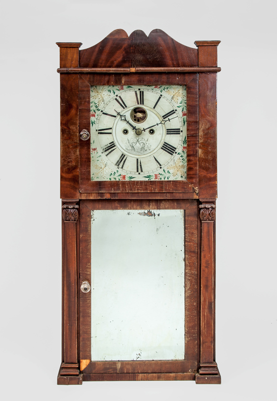 Appraisal: LATE CLASSICAL MAHOGANY MIRRORED SHELF CLOCK HOTCHKISS BENEDICT With paper