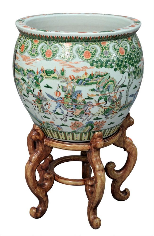 Appraisal: Chinese Porcelain Famille Verte Fish Bowl Planter on stand two