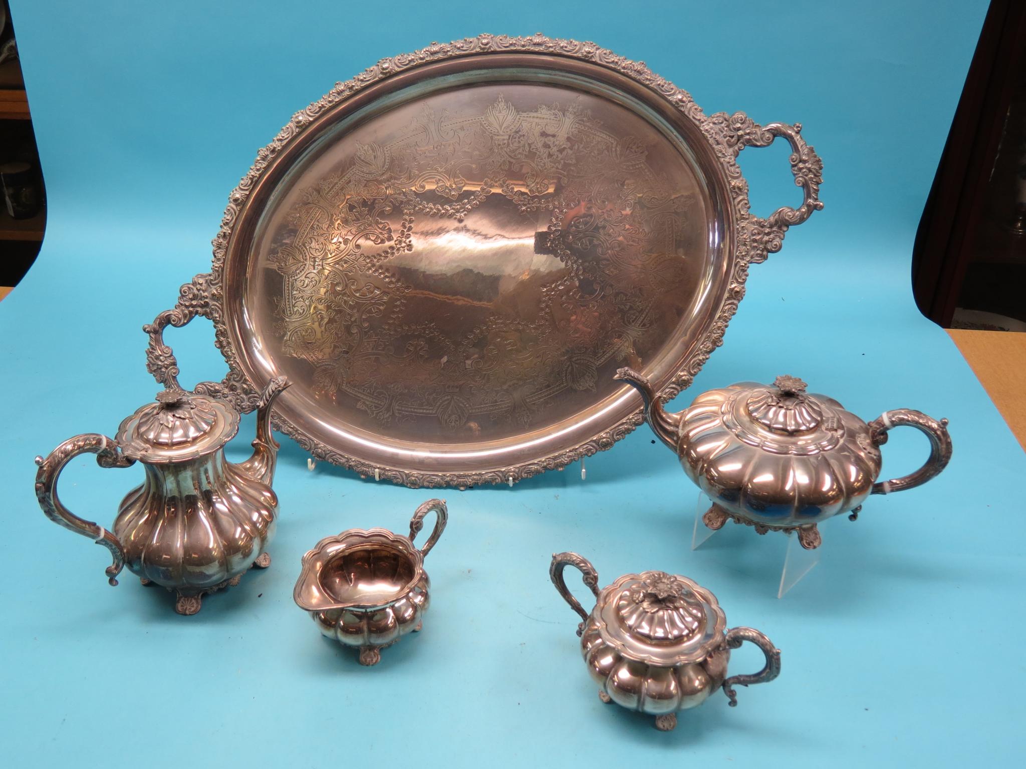 Appraisal: An early th century-style silver plated teaset four pieces melon-shape