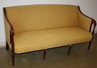 Appraisal: Sheraton style reeded leg sofa length ' Sheraton style reeded