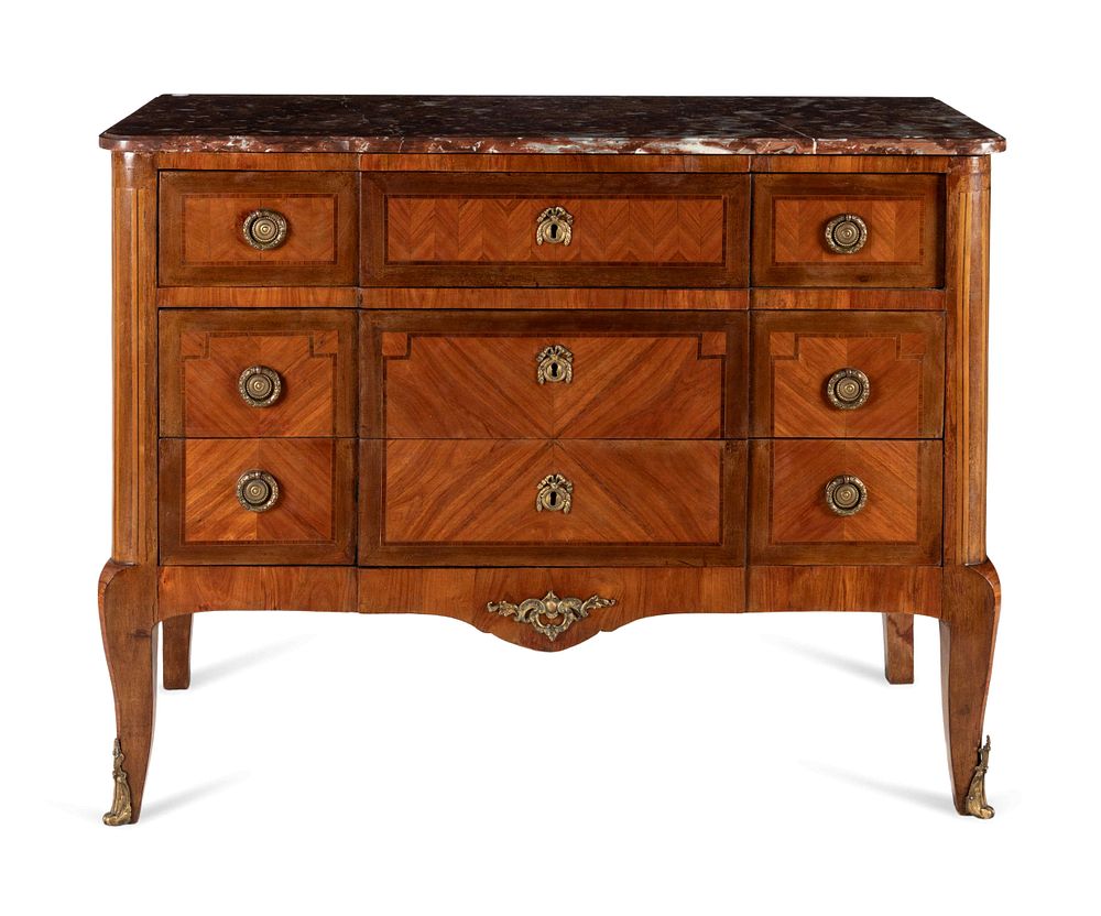 Appraisal: A Louis XV XVI Transitional Style Parquetry Marble-Top Commode A