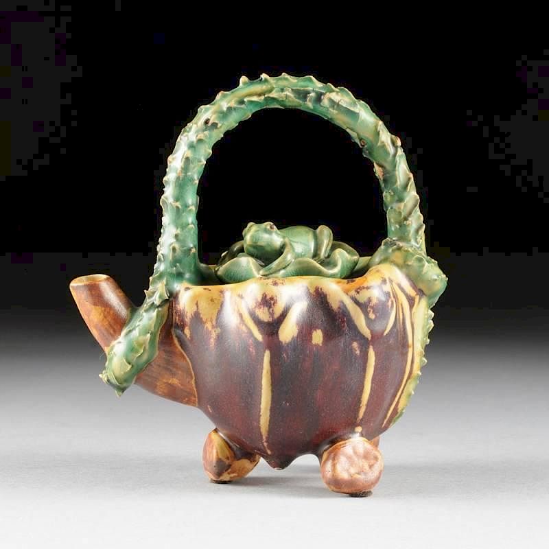 Appraisal: A CACTUS BLOOM AND FROG FORM POLYCHROME ENAMELED CERAMIC TEAPOT